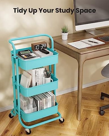 Pipishell 3 Tier Mesh Utility Cart, Rolling Metal Organization Cart with Handle and Lockable Wheels, Multifunctional Storage Shelves for Kitchen Living Room Office Turquoise - Image 7
