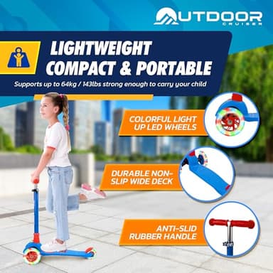 Outdoor Cruiser 3-Wheel Kids Scooter – with Lean-to-Steer Technology, Led Lighted Wheel, 4-Level Adjustable Height T-bar Handle, Support Kids Up to 150 Lbs, for Boys & Girls Ages 3-8, Blue and Red - Image 5