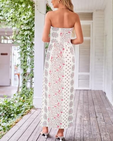 GRACE KARIN Women Strapless Casual Loose Ruched Long Maxi Dress with Pockets Pink Floral - Image 3