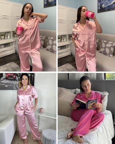 Ekouaer Silk Pajamas for Women Set Satin Two Piece Pjs Sets Ric Rac Trim Contrast Loungewear Rose - Image 6