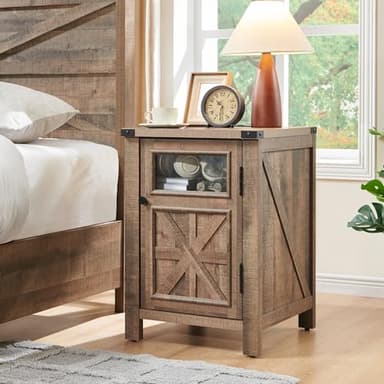 JXQTLINGMU Farmhouse End Table with Charging Station, 18'' Rustic Nightstand with Barn Door & Adjustable Shelf, Wooden Sofa Side Table with 3-Tier Storage for Living Room, Bedroom, Warm Brown - Image 6