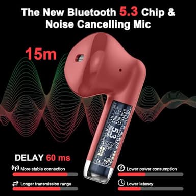 Wireless Earbuds, Bluetooth 5.4 Headphones in Ear with Noise Cancelling Mic, Bluetooth Earbuds Stereo Bass, IP7 Waterproof Sports Earphones, 32H Playtime USB C Charging Ear Buds Red for Android iOS - Image 2