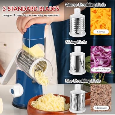 Ourokhome Rotary Cheese Grater Hand Crank, Kitchen Shredder Speed Mandolin Slicer Ice Shaver with Handle and Drum Blades for Cheese, Vegetable, Nuts, Chocolate, Potato, Carrot, 5 Blades, Dark Blue - Image 5