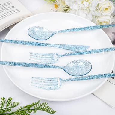 Rubtlamp 180 Pcs Blue Glitter Plastic Silverware, Clear Blue Plastic Cutlery, Heavy Duty Blue Plastic Utensils Set,Disposable Blue Flatware Include 60Blue Forks, 60Blue Spoons,60Blue Knives for Party - Image 6