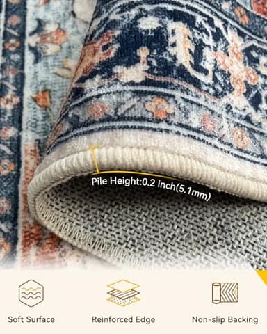 RELEANY Area Rugs 7'x9' Washable Non-Slip, Floral Vintage Distress Print Pattern Medallion Carpet for Living Room Bedroom Dining Room, Beige Navy Blue Orange Colorful - Image 2