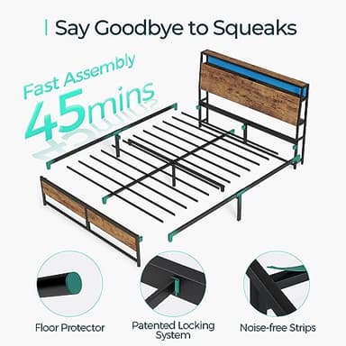 LINSY Queen Bed Frame with Ergonomic Headboard, Fast Assembly Metal Industrial Bed Frame with Lights & Charging, 14 inch Bed Queen Size with Storage, No Box Spring Needed, Rustic Brown - Image 6