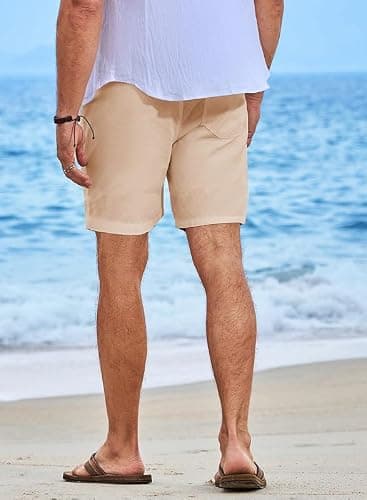 JMIERR Men's Casual Cotton Linen Shorts - Drawstring Summer Beach Stretch Golf Dress Short 7 inch Polo Shorts with Pockets for Men, 2XL, Khaki - Image 2