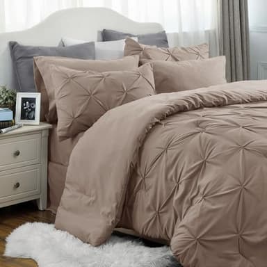 Bedsure Full Size Comforter Sets - Bedding Sets Full 7 Pieces, Pintuck Bed in a Bag Khaki Bed Set with Comforter, Sheets, Pillowcases & Shams - Image 5