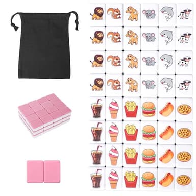 GRACIAS 2 Players Mahjong Block Set, Mahjong Tile Game with 50 Premium Pink Tiles(30mm) Animal and Food Pattern, Portable Mahjongg Set with A Carry Bag - Image 1