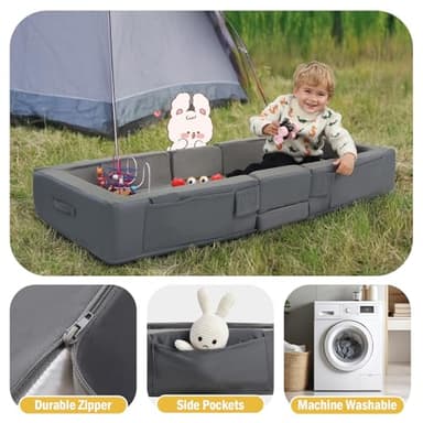 ENITYA Toddler Travel Bed – Portable Foldable Soft Foam Floor Bed for Kids 18M–4yr, No Assembly, Washable Cover, Built-in Safety Rails, Compact for Travel & Home Use, Grey - Image 3
