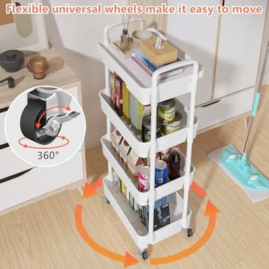 Calmootey 4-Tier Rolling Utility Cart with Drawer,Multifunctional Storage Organizer with Plastic Shelf & Metal Wheel,Storage Cart for Kitchen,Bathroom,Living Room,Office,White - Image 8