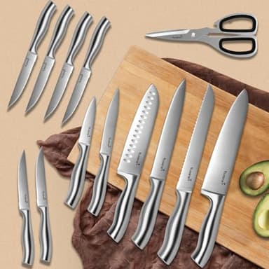 Kuisine Premium Sharp Knife Set,High Carbon Stainless Steel Sharper Blade Ergonomic Non-slip Handle,Kitchen Block Knife Set Chef Knife Block Set with Built-in Sharpener(Acacia, 15PCS) - Image 6