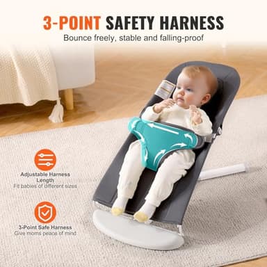 VEVOR Baby Bouncer, Folding Bouncer Seat for Babies 0-9 Months, Portable Baby Bouncer Seat with 2 Reclining Angles, 3-Point Harness & Carrying Bag, Ideal for Indoors Outdoors, Dark Gray - Image 7