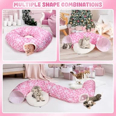 Pink Cat Tunnel Bed Peekaboo Cat Cave Donut Under Christmas Tree Pink Checker with Snowflakes Festive Decor Perfect for Small Medium Large Cats, Kittens, Rabbit, Ferret - Image 2