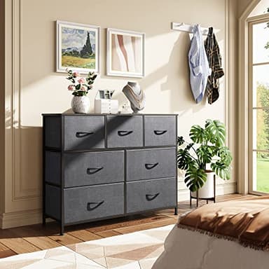 WLIVE 7 Drawer Dresser TV Stand, Entertainment Center, Media Console Table with Metal Frame and Wood Top for TV up to 45 inch, Chest of Drawers for Bedroom, Living Room, Dark Grey - Image 9