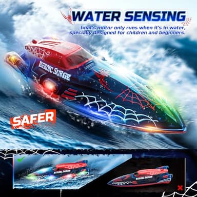 DEERC 13 inch Remote Control Boat for Kids, 2.4Ghz RC Spider Boat with LED Lights for Pools and Lakes, Summer Water Toy Gift for Boys 8-12, 2 Batteries - Image 3