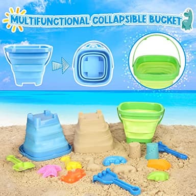 FHOZGECY Beach Toys, 31Pcs Sand Toys with 2 Construction Vehicle and 2 Collapsible Beach Bucket, Sand Castle Building Kit, Sand Molds, Shovel Set, Mesh Bag, Summer Toys for Kids Ages 4-8 - Image 4