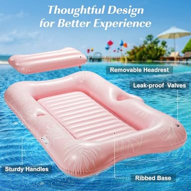 HeySplash Inflatable Pool Float Lounge, Large Inflatable Pool Floats Boat for Adults with Cup Holder & Detachable Pillow, Tanning Pool Lounger Float for Outdoor Lake River Summer Water Party,Pink Leaf - Image 3