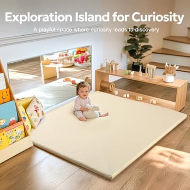 Baby Mat for Floor, Thick Soft Non-Toxic Vegan Leather Baby Play Mat, Waterproof Foam Play Mat, Padded Play Mat for Baby, 50x50 Playpen Mat, Infant Playmat for Baby Girls and Boys, Beige - Image 2