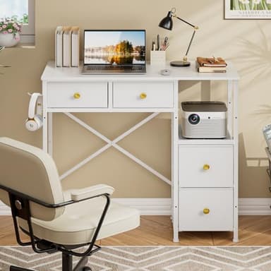 3IngSeagulls Small Computer Desk with 4 Fabric Drawers, Simple Writing Desk for Home Office, Compact Study Desks for Small Spaces, Kids Desk Study for Bedroom, White - Image 1