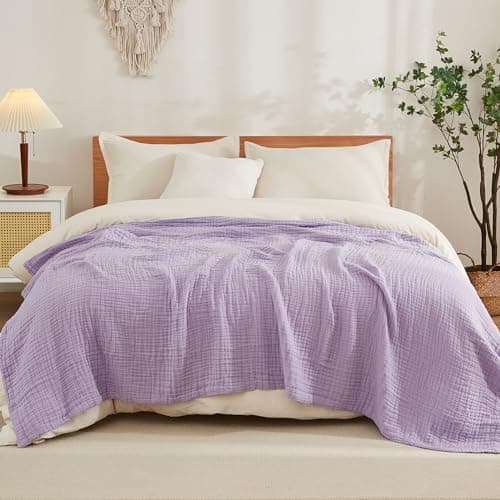 EMME Cotton Blanket Queen Size for Bed Soft Large Muslin Bed Blankets 90"x90" Lightweight Breathable All Season Gauze Blanket, Lavender - Image 1