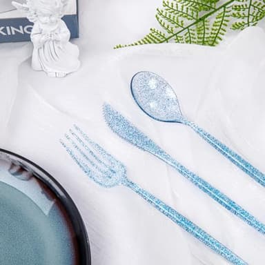 Rubtlamp 180 Pcs Blue Glitter Plastic Silverware, Clear Blue Plastic Cutlery, Heavy Duty Blue Plastic Utensils Set,Disposable Blue Flatware Include 60Blue Forks, 60Blue Spoons,60Blue Knives for Party - Image 2
