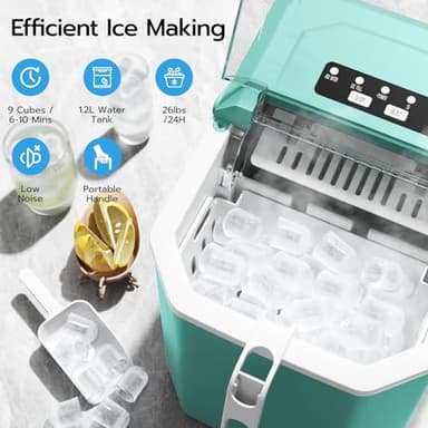 ZAFRO Countertop Ice Maker, 26.5Lbs/24H, 9 Bullet Cubes in 6 Mins, Self-Cleaning Portable Ice Machine with 2 Ice Sizes (S/L), Quiet Compact Design, Double Handles, for Home, Party, RV, Camping, Green - Image 2