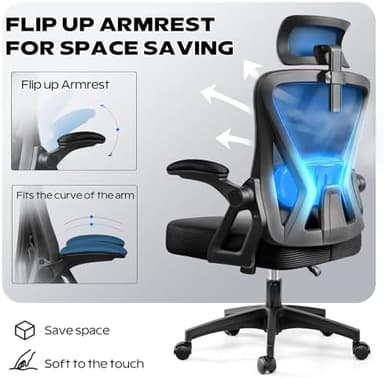 Ergonomic Office Chair, Home Office Desk Chair with Headrest, High Back Mesh Chair with Flip-up Armrests, Comfy Desk Chair with Lumbar Support, Rolling Swivel Task Computer Chair for Home Office - Image 4