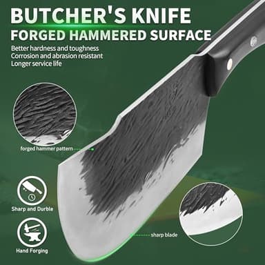 FULLHI Multi-color Wood Handle Full Tang Meat Cleaver with Sheath, High Carbon Steel Chef Meat Slicing Kitchen Knife for Outdoor Cooking, Camping BBQ - Image 3
