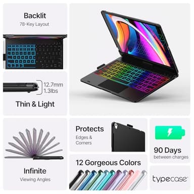 typecase Touch for iPad 9th Generation Case with Keyboard (10.2", 2021),Multi-touch Trackpad,10 Color Backlight, 360° Rotatable, Thin & Light for 8th Gen (2020),7th Gen (2019), Air 3,Pro 10.5 (Black). - Image 3
