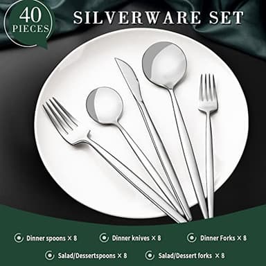 40-Piece Silverware Set for 8, CEKEE Stainless Steel Flatware Cutlery Set Included Knife Spoon and Fork, Kitchen Utensils Set for Home Hotel Wedding Restaurant - Mirror Polished & Dishwasher Safe - Image 2