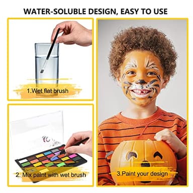 VOLLUCK Face Paint Kit, Water Based Facepaint Makeup Kit with 30 Vibrant Colors, 10 Brushes & 6 Stencils, Easy to Use and Clean Body Paint for Halloween, Birthday, Cosplay, Festivals - Image 3