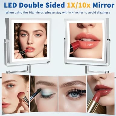 Ruacq Rechargeable Wall Mounted Makeup Mirror with Lights, Double Sided 1X/10X Magnifying Vanity Mirror with 3 Color Lighting, Touch Screen Dimmable, 360° Rotation Extension Foldable Arm(Chrome) - Image 5