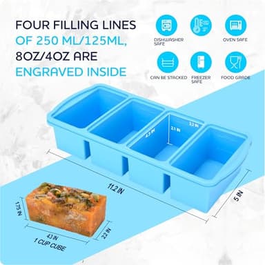 Zip Standing Silicone Freezer Trays with Lid,1-cup Soup Freezer Container large Ice Cube Molds with Reinforced Steel Ring Top for freezing Soup Sauce Broth Leftovers oven Dishwasher -Safe(2-Pack) - Image 8
