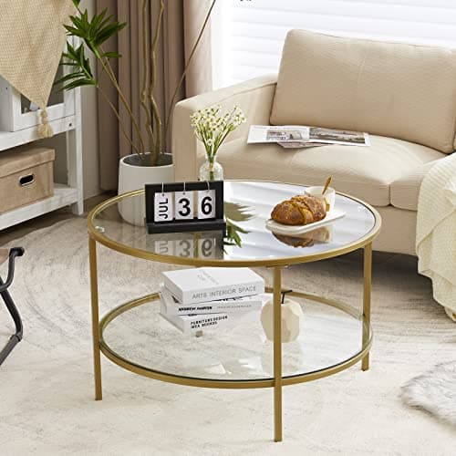VINGLI Glass Coffee Table, 30" Round Champagne Gold Coffee Tables for Living Room,2-Tier Glass Top Coffee Table with Storage Clear Coffee Table,Simple & Modern Center Table Mesa de Centro para Sala - Image 1