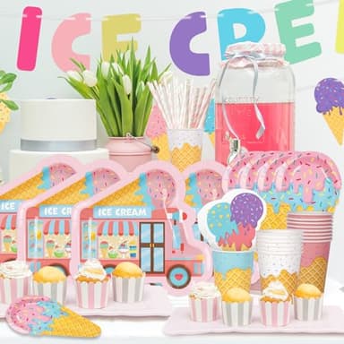 Ice Cream Party Supplies Kit for 24: Ultimate Bundle with Vibrant Paper Plates, Napkins, Cups, Tablecloth & Banner - Ice Cream Birthday Party Decorations - Image 7
