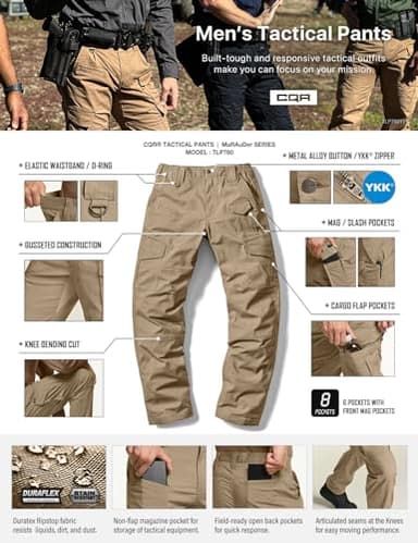 CQR Men's Flex Ripstop Tactical Pants, Water Resistant Stretch Cargo Pants, Lightweight EDC Hiking Work Pants, Dura Flex Mag Pocket Alamo Khaki, 30W x 30L - Image 8