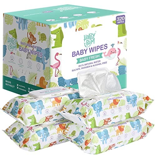 HAPPY BUM Sensitive Water Baby Diaper Wipes, Baby Wipes, Unscented, 4 Flip-top packs (320 Wipes Total) - Image 1
