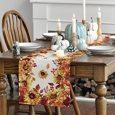 Artoid Mode Sunflower Eucalyptus Leaves Fall Table Runner, Seasonal Autumn Thanksgiving Kitchen Dining Table Decoration for Outdoor Home Party 13x72 Inch - Image 3