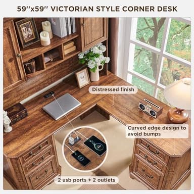 T4TREAM 59" Executive L Shaped Desk with Hutch,Victorian Wood Computer Desk, Featuring Charging Station,File Drawer, Storage Cabinet,for Home Office Work and Study (Reclaimed Barnwood) - Image 3