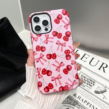 branple Compatible with iPhone 15 Pro Max Case, Cute Pink Cherry Bow Pattern with Shockproof Slim Soft TPU and Hard PC Protective Cover for Women Designed for iPhone 15 Pro Max Case, Glossy - Image 9