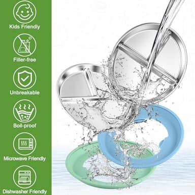 BUSOHA 3 Pack Stainless Steel Kids Plate with Suction - 9” Divided Toddler Baby Plates with Silicone Sleeves Non-Slip 2-in-1 Anti Breakage Metal Toddler Bowls Microwave Dishwasher Safe - Image 7