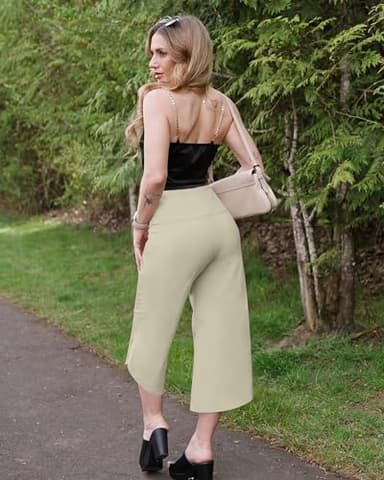 G4Free Comfy Loose Wide Leg Cropped Dress Casual Yoga Pants for Business Lounge Workout with Pockets(Apricot,XL,21") - Image 4