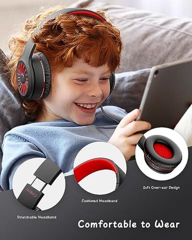 NIVAVA Wired Headphones with Microphone, K16 On-Ear Headphones for Kids with 3.5MM Jack, Foldable Stereo Bass Headset for Teens School Amazon Kindle, Chromebook, Tablet(Black Red) - Image 4