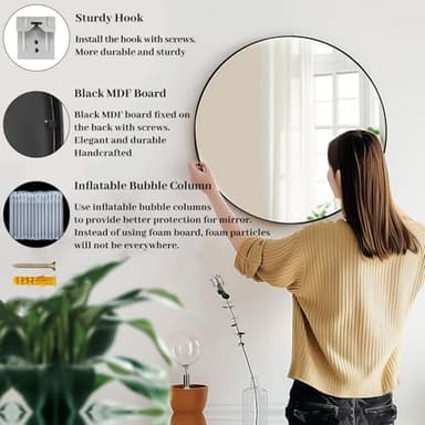 Black Round Mirror, Round Mirror 24 inch, Black Circle Mirrors Metal Frame, Wall Mounted Mirrors for Living Room, Bathroom, Wall, Entryway, Rustic - Image 6
