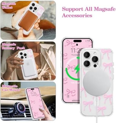 UEEBAI Magnetic for iPhone 13 Pro Max Case, Bow Case Compatible with MagSafe, Wireless Slim Clear Ribbon Aesthetic Phone Cover Anti-Yellowing Shockproof Protective Cover for Women Girl - Pink - Image 4