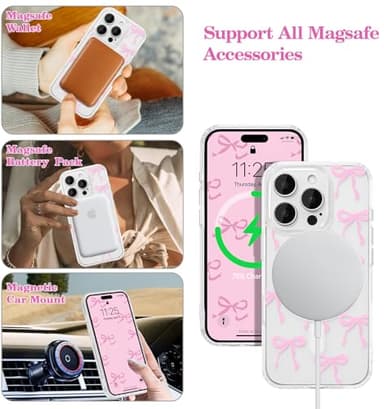 UEEBAI Magnetic for iPhone 16 Pro Max Case, Bow Case Compatible with MagSafe, Wireless Slim Clear Ribbon Aesthetic Phone Cover Anti-Yellowing Shockproof Protective Cover for Women Girl - Pink - Image 2