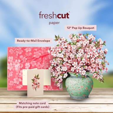 Freshcut Paper Pop Up Cards, Japanese Cherry Blossoms, 12 Inch Life Sized Forever Flower Bouquet 3D Popup Greeting Card, Birthday Cards, Valentine's Day Card, Blank Notecard & Envelope - Image 2
