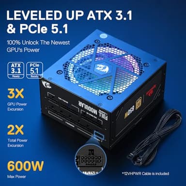 Redragon RGPS-850W 80+ Gold 850 Watt Power Supply w/Upgraded ATX 3.1 & PCIe 5.1 Fully Modular, 12VHPWR Cable Included, 100% Japanese Capacitors, Smart ECO Low Noise RGB Fan, Compact 160mm Size - Image 4