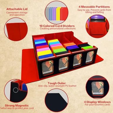 PROMAXIBINDER Trading Card Storage Box Fits 3200+ MTG/TCG/YuGiOh Cards, Commander Deck Case, 4 Display Windows 10 Dividers 4 Movable Partitions, PU Leather, Magnetic Closure, Magic, Sport Cards (Red) - Image 6